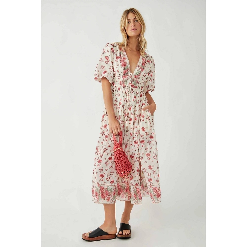 Free People Lysette Floral Midi Dress S Cream Rose Puff Sleeve Drawstring Boho
